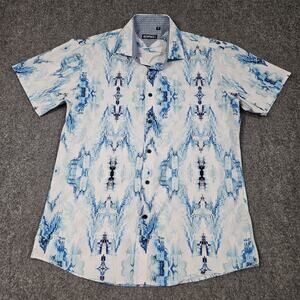 Bespoke Moda Button Up Shirt Medium Blue White Light Fractals Sport Geometric